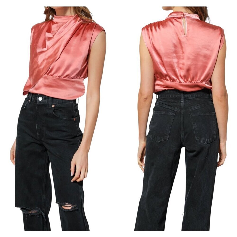 Line & Dot Este Satin Draped Sleeveless Blouse in Coral Pink | Size Small NWT